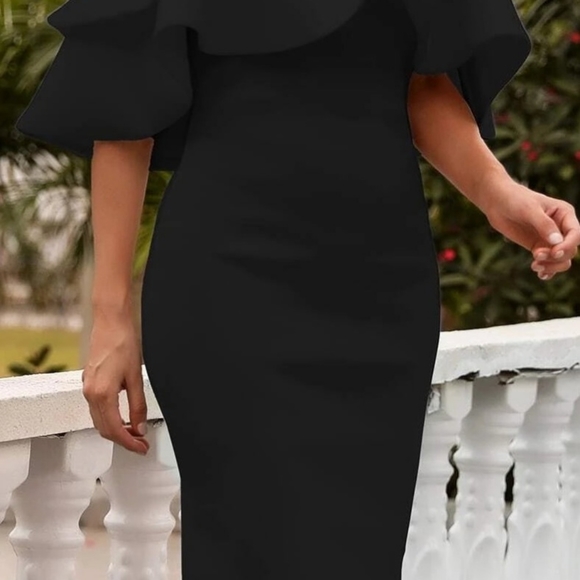 Fashion Sexy Black midi Dress size L S strech,. Thick material neoprene fabric. - Picture 5 of 11